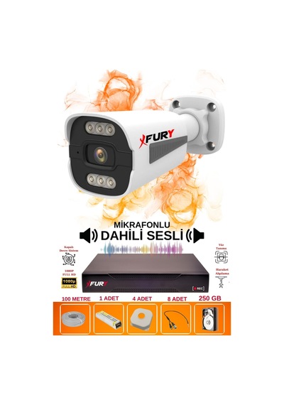 Fury 1 Li Sesli 6 Warm Led Gece Renkli Görüş Su Geçirmez Güvenlik Kamerası Seti 250gb