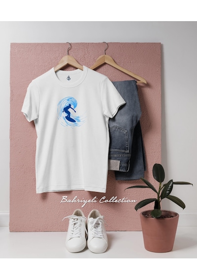 Oversize Blue Surfer İllustration With Wave Tasarımlı Unisex T-shirt Beyaz