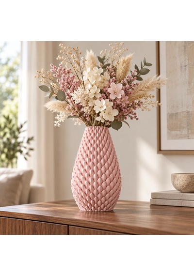 Kabartma Desenli Dekoratif Vazo 20 Cm Modern Tasarım Pembe