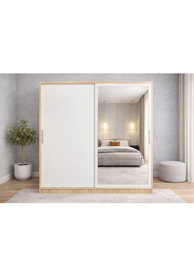 Zen Sürgü Kapaklı Dolap Gardırop Meşe Beyaz 180cm - Montaj Dahil