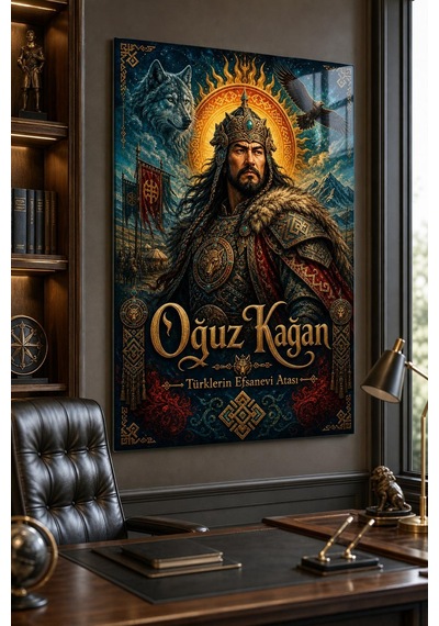 Oğuz Kağan Desenli Baskılı Cam Tablo Türk Mitolojisi Uv Baskı Duvar Dekoru