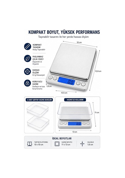 Dijital Hassas Mutfak Tartısı 3000 G Kapasiteli, 0,1 G Hassasiyetli, Lcd Ekranlı Mini Terazi, 6 Ölçüm Birimi, Dara Ve Pcs Adet Sayma Fonksiyonlu, Paslanmaz Çelik Çok Renkli