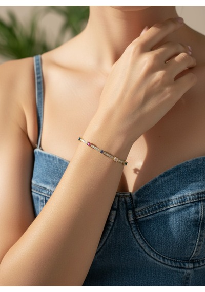 Valmont Accessorieskadın Gold Renk Renkli Taşlı Sıra Taş Detaylı Bileklik