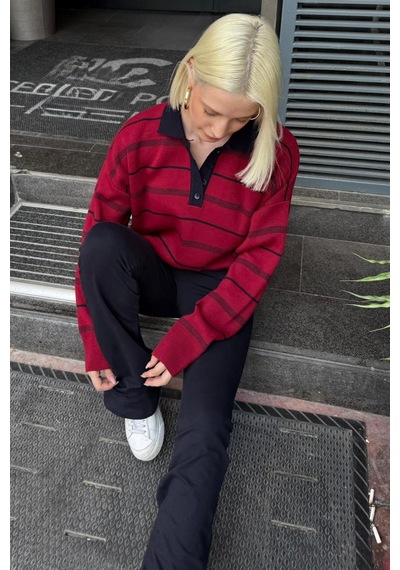 Madmext Bordo Çizgili Polo Yaka Kadın Kazak Mg2476 Bordo