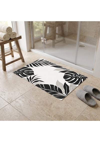 Kartela Halı Botanik Yaprak Desenli Banyo Paspası Siyah Beyaz Kaymaz Taban 60x90 Cm