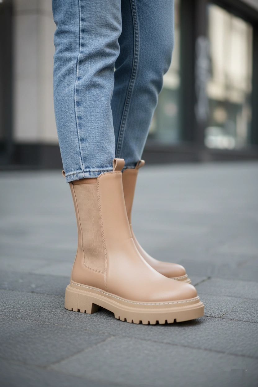 Fox Shoes V652649009 Ten Lastik Detaylı Kalın Tabanlı Kadın Bot Ten-Suni Deri