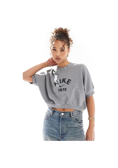 Nike Crop Loose Fit French Terry Short Sleeve Top Kadın Bol Kesim Crop Kısa Kollu Sweatshirt Gri Gri