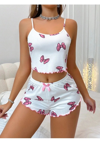 Mega Fair Kadın Fiyonklu Beyaz Şortlu Pijama Takımı Çok Renkli