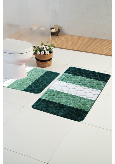Buççin Online Mağaza Colorline Waben Yeşil 60x100cm+60x50cm 2'li Kaydırmaz Tabanlı Yıkanabilir Banyo Paspası Polipropilen Çok Renkli