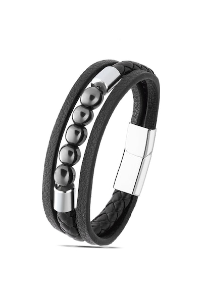 Brezza Lusso Jewelry Deri Parlak Oniks Doğaltaş Çoklu Erkek Bileklik Siyah