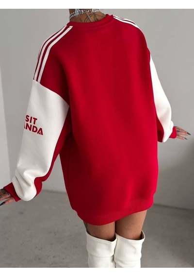 Kadın Bisiklet Yaka Kolu Şeritli Nakışlı Sweatshirt - Kırmızı