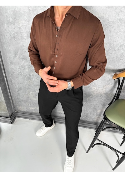 Modefendi Tensel Kumaş Pamuk Dokulu Kayık Yaka Extra Regular Fit Çok Düğme Detaylı Gömlek Kahverengi Modefendi Tensel Kumaş Pamuk Dokulu Kayık Yaka Extra Regular Fit Çok Düğme Detaylı Gömlek Kahverengi