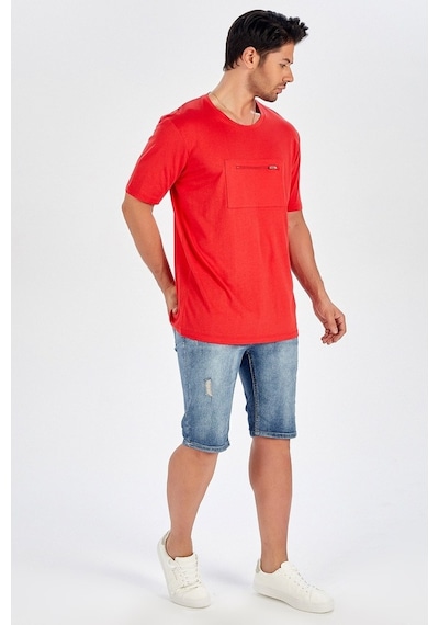 Peraluna Ön Orta Fermuarlı Düz Kesim Kırmızı Erkek T-Shirt-Kırmızı