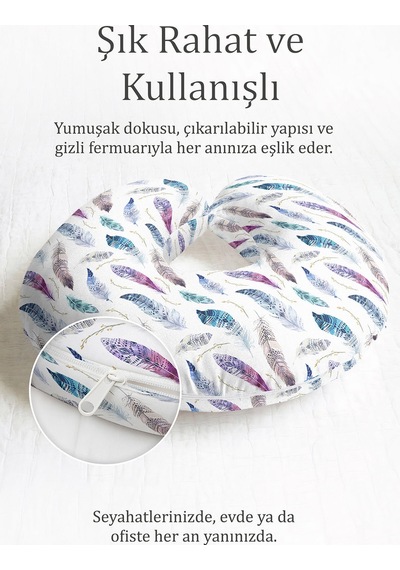 Renkli Tüylü Pamuklu Boyun Yastığı - Bohem Desenli Mor Mavi Yumuşak Seyahat Yastığı Okyanus Gece Mavisi