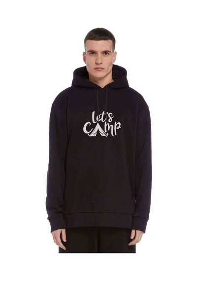 Lets Go Camp Baskılı Siyah Erkek Örme Kapşonlu Sweatshirt
