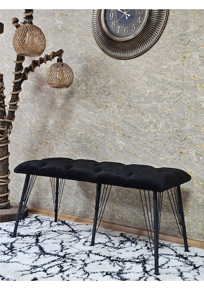 Zafir Metal Siyah Tel Ayaklı 100 Cm Puf Bench - Puf - Bench - Oturak - Mutfak Oturağı - Antre Oturağı Siyah