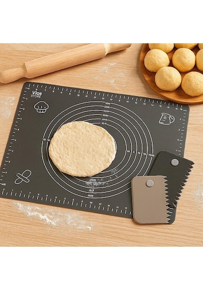 Ayrex Hamur Açma Matı 50x40 Cm Ve Plastik Kesme Kazıma Aparatı Silikon Kaymaz Mat + Çok Amaçlı Mutfak Kazıy