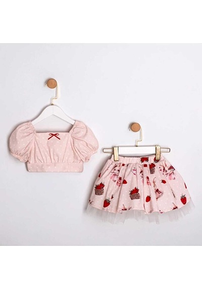 Ministok Bella Crop Blüz Etekli 2'li Kız Çocuk Takım Pembe