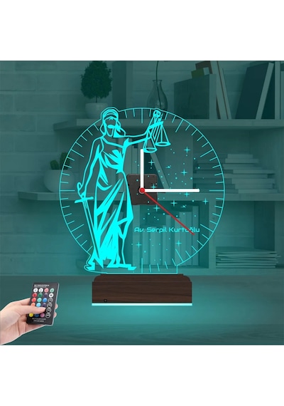 Luvivia Adalet Kadın Avukat Hediye Terazi Kişiye Özel Saatli 3d Lamba - Masa Gece Lambası Şeffaf