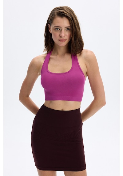 Subtone Boyundan Geçmeli Ribli Crop Top Magenta Pembe