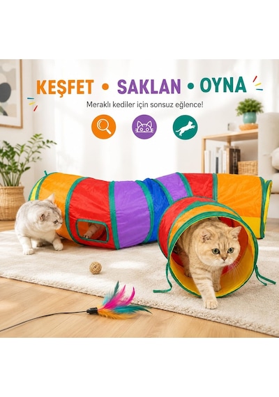 Tr Kedi Oyun Tüneli Katlanabilir Kıvrımlı Model, Kedi Oyuncağı Tünel Ev, Renkli Kedi Köpek Oyun Alanı, Geniş G