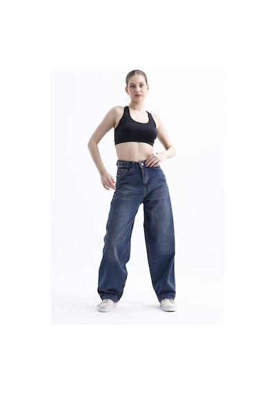 Pass&pass 2430 Kadın Yandan Tokalı Baggy Jeans Kot Denim Pantolon Koyu Mavi
