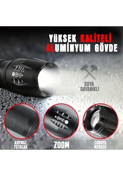 Güçlü Led El Feneri, 10w Ultra Parlak Işık, 5 Farklı Mod, Zoom Özellikli, Dayanıklı Aluminyum Gövde Genel