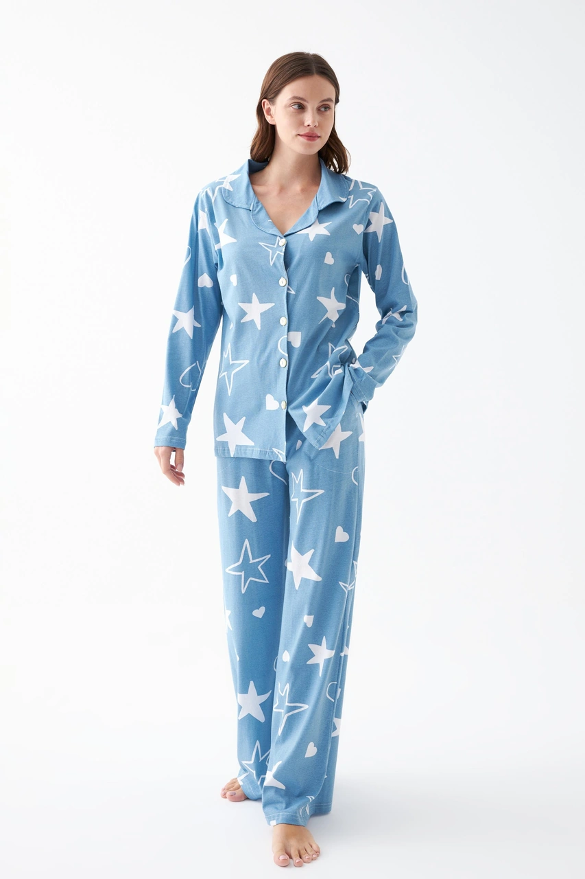 Akbeniz Kadın Mavi Yıldız Desenli Düğmeli Pamuklu Pijama Takımı Mavi