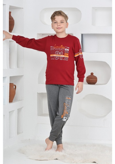 Modanino Erkek Çocuk Baskılı %100 Pamuk İnterlok Kumaş Pijama Takımı 12446 Bordo