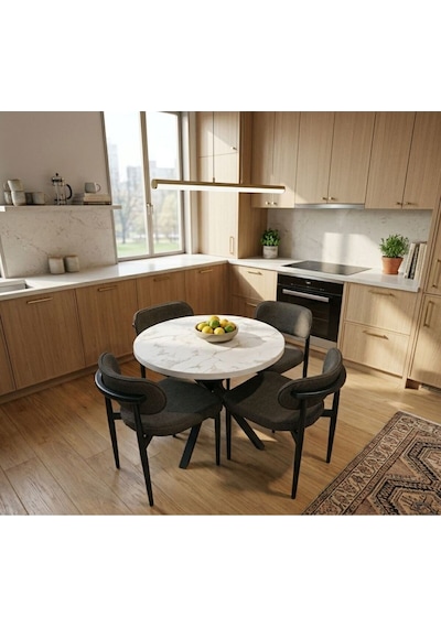 Lüks Mermer Dokulu 4 Kişilik Yuvarlak Yemek Masası Takımı - Loft Tasarım - Mutfak Masası Antrasit Gri Lüks Mermer Dokulu 4 Kişilik Yuvarlak Yemek Masası Takımı - Loft Tasarım - Mutfak Masası Antrasit Gri