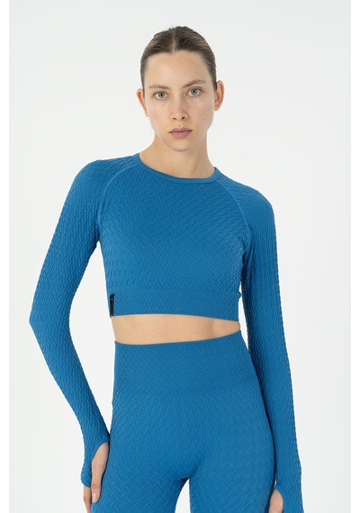 Maraton Slimfit Kadın Bisiklet Yaka Turkuaz Crop Top Turkuaz