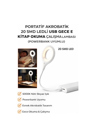 Ecuy Portatif Akrobatik Usb Led Okuma Ve Çalışma Lambası 20 Smd Led Powerbank Uyumlu 5000k Doğal Işık Beyaz