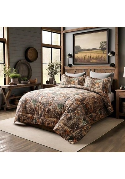 Realtree Edge Kamuflaj Yorgan Seti İkiz Boy - 2 Parça Yatak Seti - Orman Ormanı Kabin Köşkü - Doğa Ağacı Yaprak Diğer