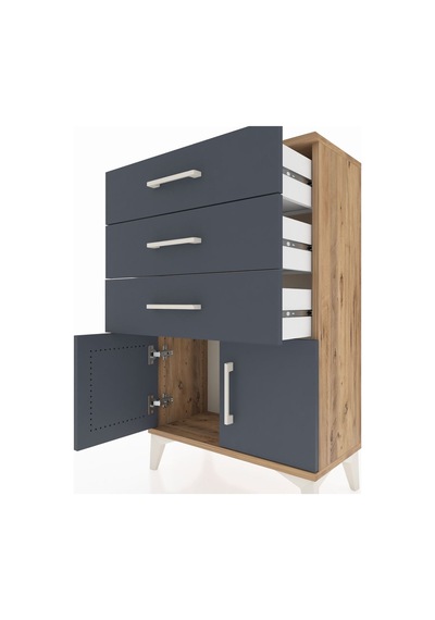 Arges Komodin 3 Çekmeceli 2 Kapaklı 60x30x96 Çam-antrasit Atlas Çam