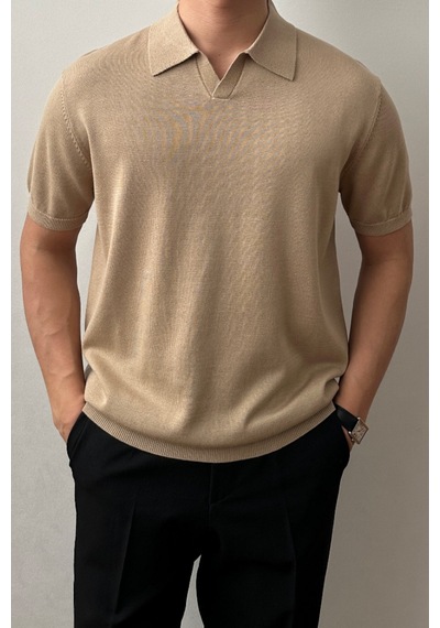 Cool Tarz Erkek Camel Patlı Kısa Kollu Polo Yaka Triko T-shirt Camel Camel