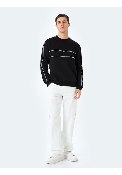 Koton Pamuk Karışımlı Uzun Kollu Biyeli Bisiklet Yaka Sweatshirt Siyah 5wam70258mk Siyah