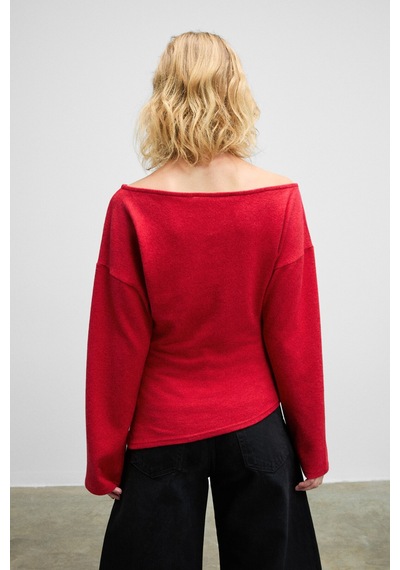 ETHIQUET NIVEAS Kadın Yumuşak Ve Esnek Kumaşlı Kayık Yakalı Yanı Büzgülü Kırmızı Sweatshirt