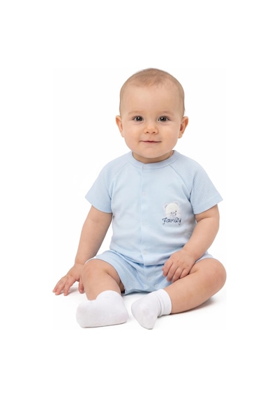 Bebegen Erkek Bebek Bebe Mavisi Ayı Family Nakışlı Çıtçıtlı Şort Tulum Çok Renkli