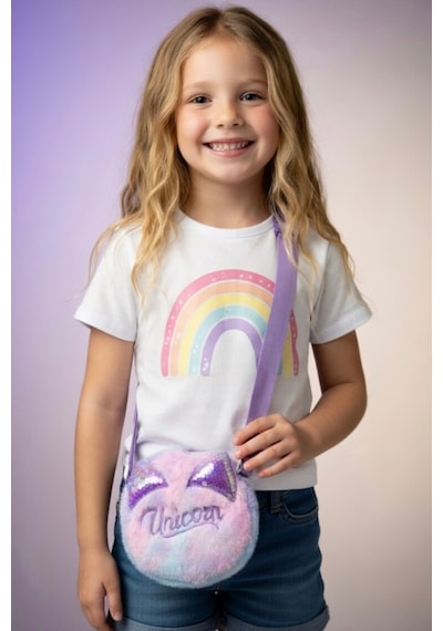 Mollycrush Hediye Kız Çocuk Unicorn Yazı Tasarımlı Peluş Çanta Ayarlanabilir Askılı Renk Geçişli Model Mor