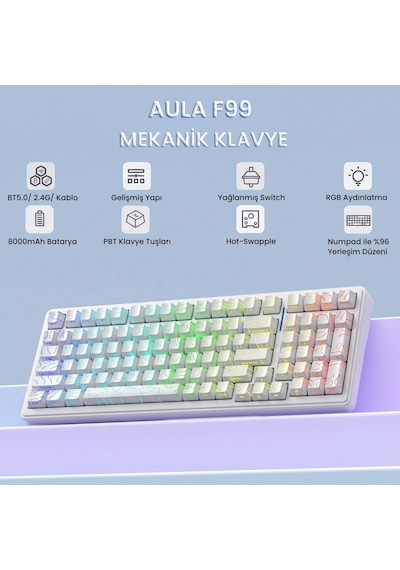 Aula F99 Mekanik Rgb Star Vector Switch 3 Modlu Kablosuz Makrolu Hot Swap Klavye Desenli Beyaz