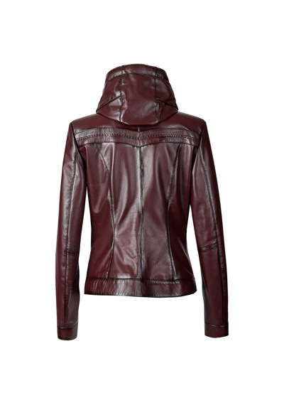 Bordo Dericlub K2307 Kapüşonlu Gerçek Deri Kadın Mont