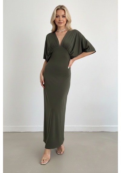 Defymoda Kadın Uzun Yırtmaçlı Modern Kesim Elbise Yeşil