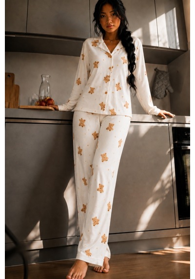 Fit Women Kadın Düğmeli Gömlek Yaka Ev Giyimi Beyaz Pijama Takımı
