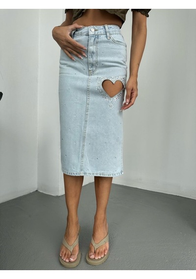 Kalp Detaylı Taş İşlemeli Denim Midi Etek ÇoK Renkli