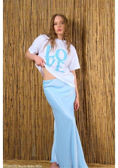 Kadın Beyaz-Mavi Love Baskılı Oversize %100 Pamuk T-Shirt
