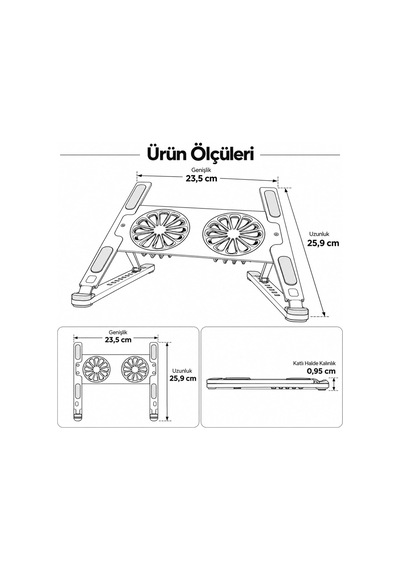 Çift Fanlı Laptop Soğutucu Stand, 8 Kademeli Ayarlanabilir Metal Stand P-11