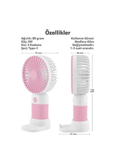 Standlı 3 Mod Şarjlı El Fanı 5 Kademe Seyahat Masaüstü Vantilatör Taşınabilir Mini Fan Pembe F139