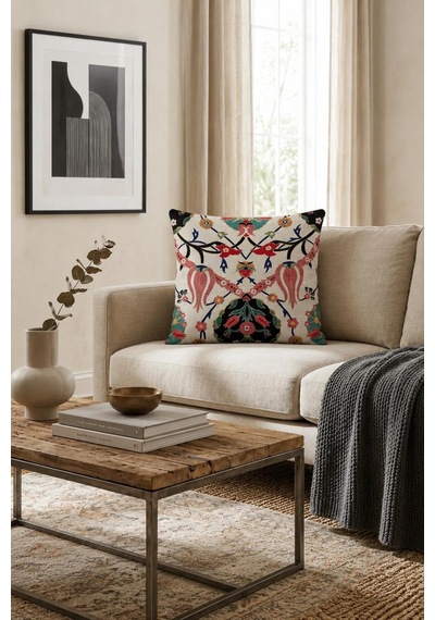 Premium Goblen Nakış Kırlent Kılıf 40 Cm X 40 Cm - 1 Adet Acı Kahve - Pembe