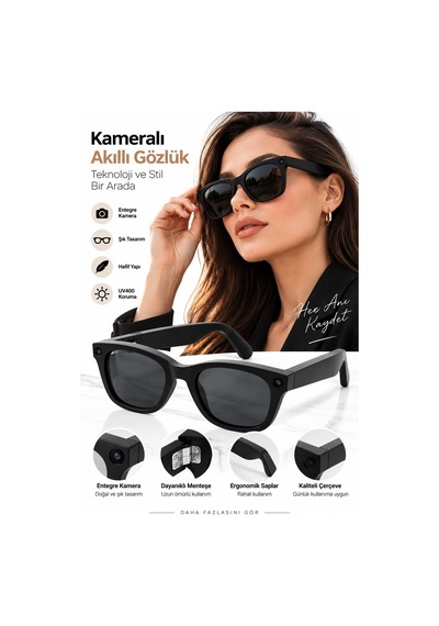 Kameralı Akıllı Gözlük Smart Glasses Güneş Gözlüğü Modern Siyah - Lisinya