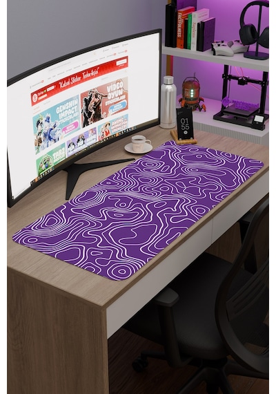 Mor Beyaz 90x40 Xxl Taraftar Gaming Oyuncu Mouse Pad Kaymaz Taban Büyük Fare Altlığı Topography